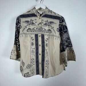 Citron Santa Monica 100% Silk Asian-Inspired Button-Up Blouse PS Beige Navy